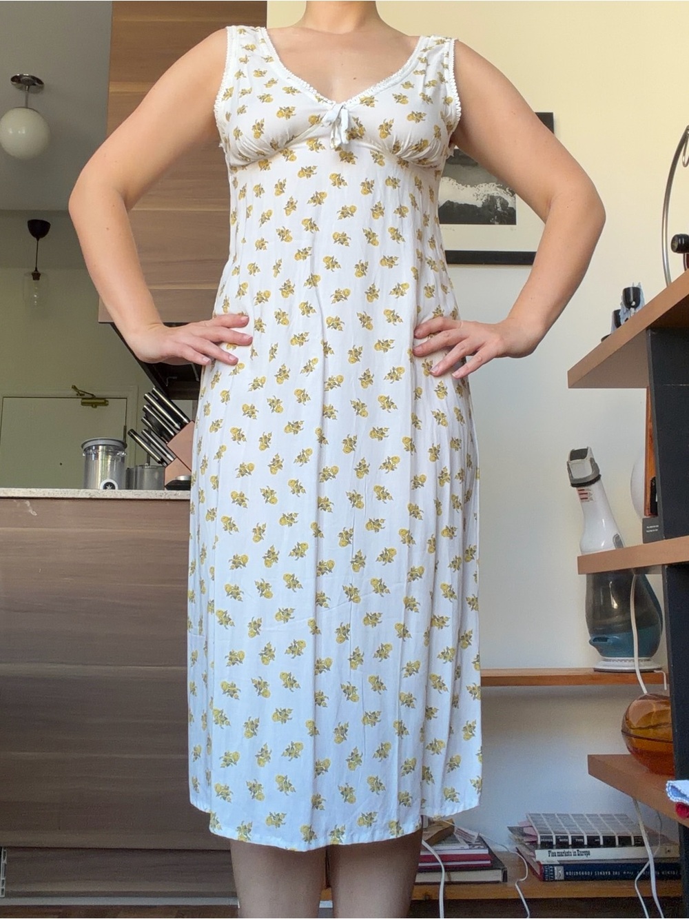White Floral Midi Dress with Yellow Print NWT